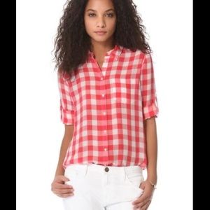XS madewell red and white gingham checked silk camp button down shirt blouse